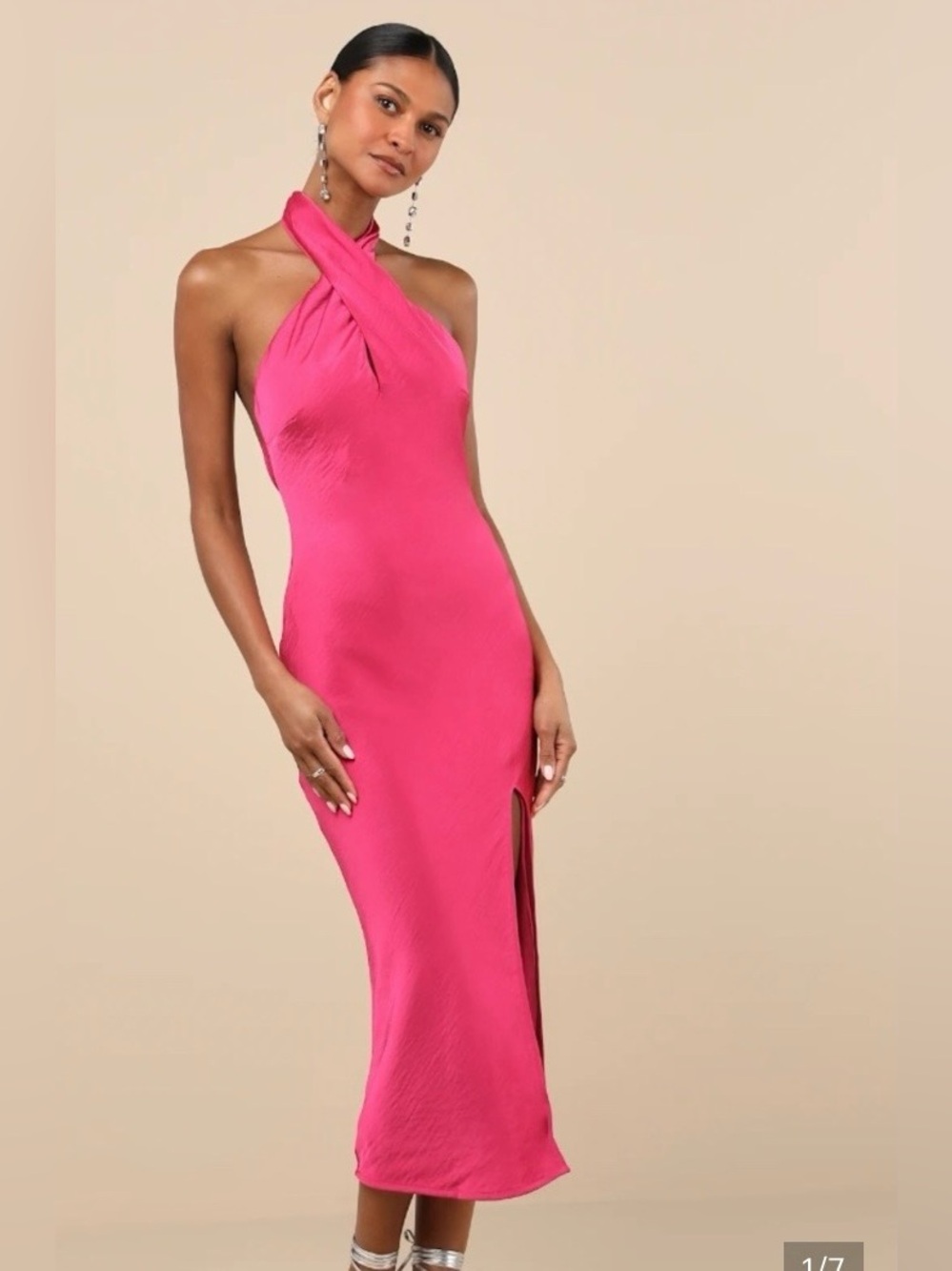 Lulu's Hot Pink One-Shoulder Twist Halter Midi Dress
